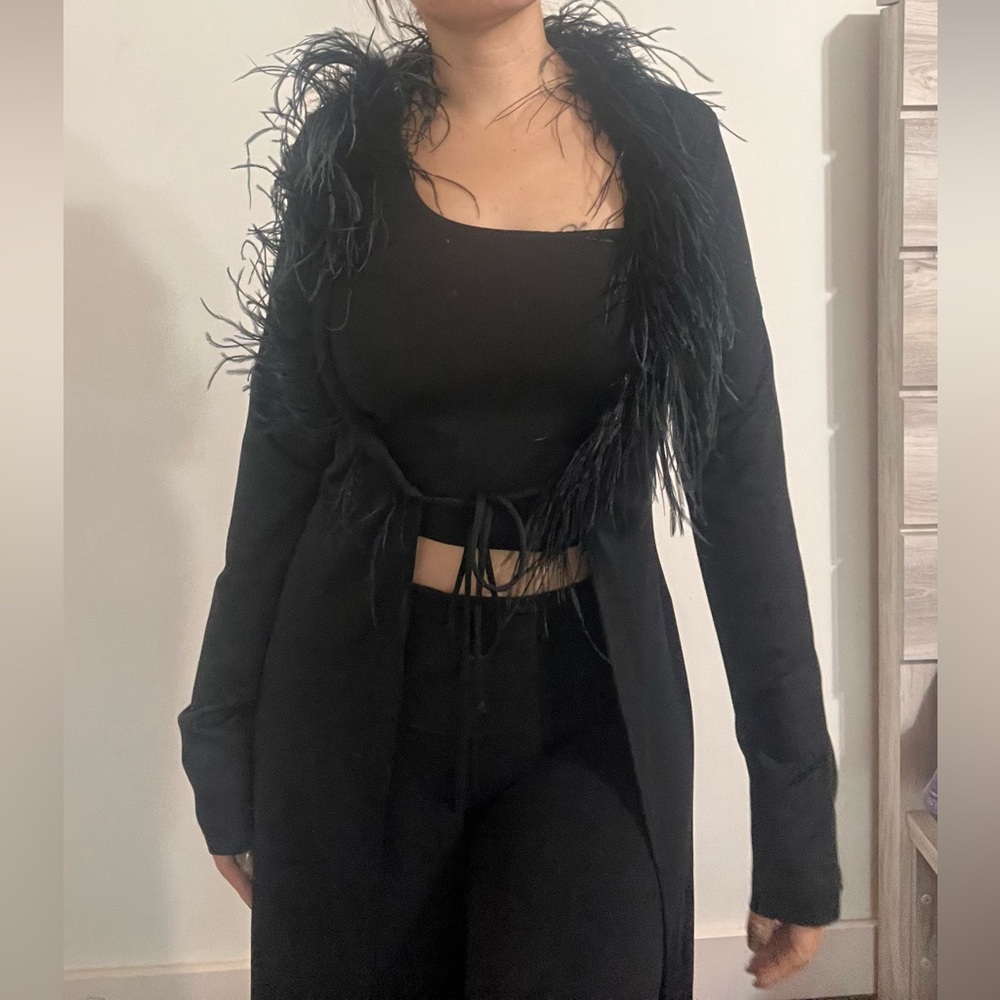 Vintage Y2K Boa Feather-Lined Maxi Duster Longline Cardigan